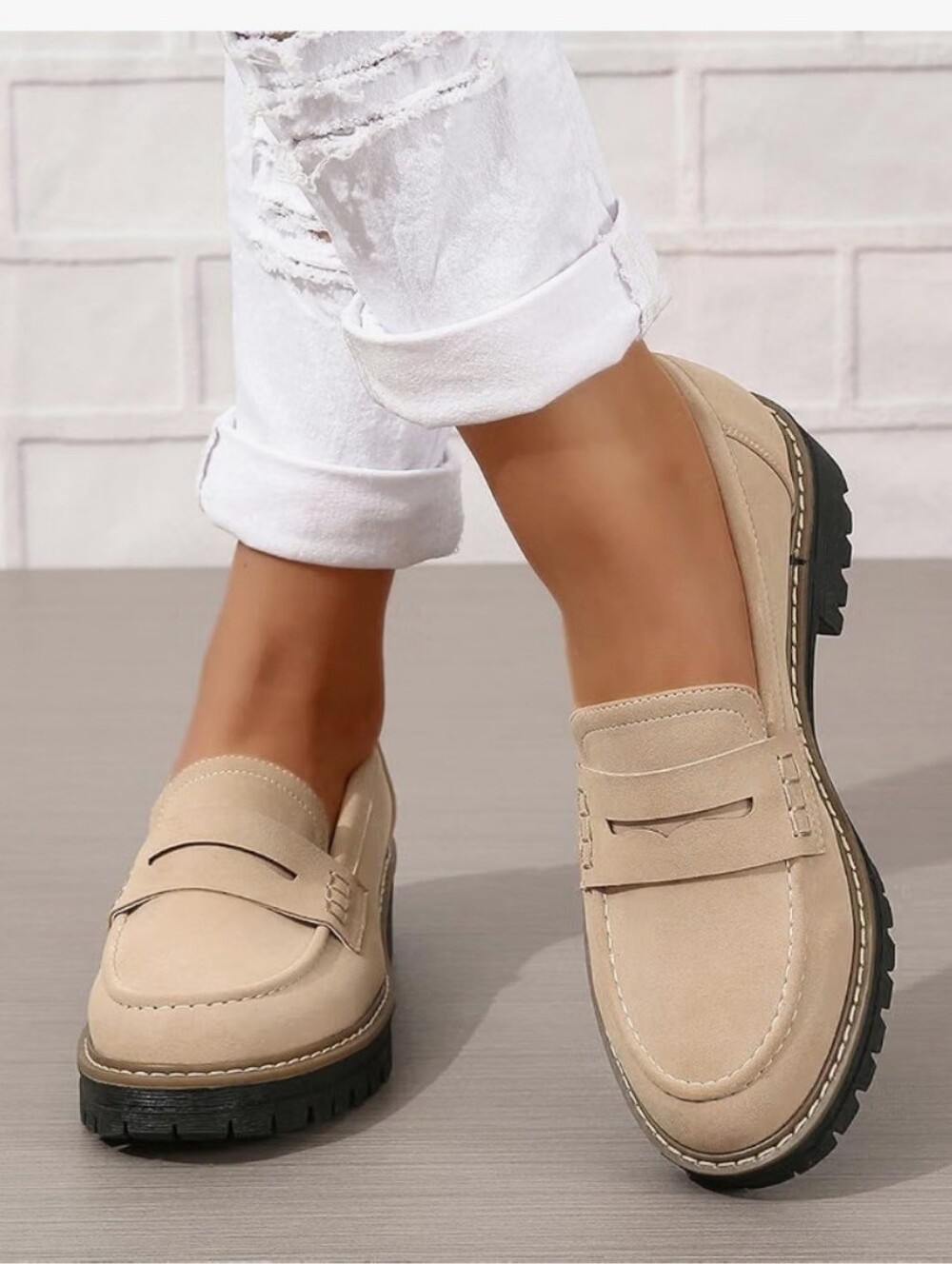 Beige Women's Penny Loafers - Classic Casual Slip-Ons with chunky platform